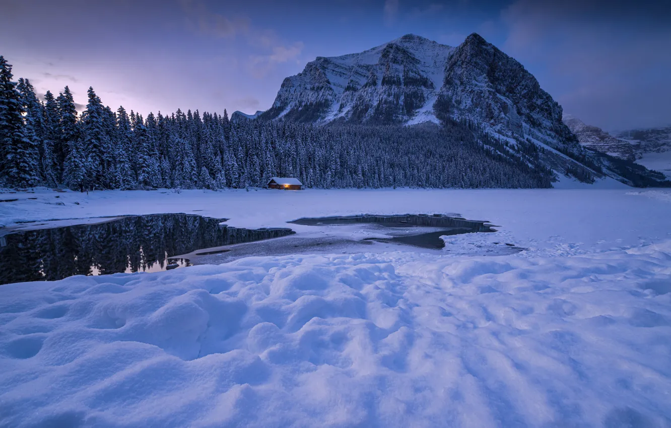 Photo wallpaper winter, forest, snow, mountains, reflection, Canada, the snow, Albert