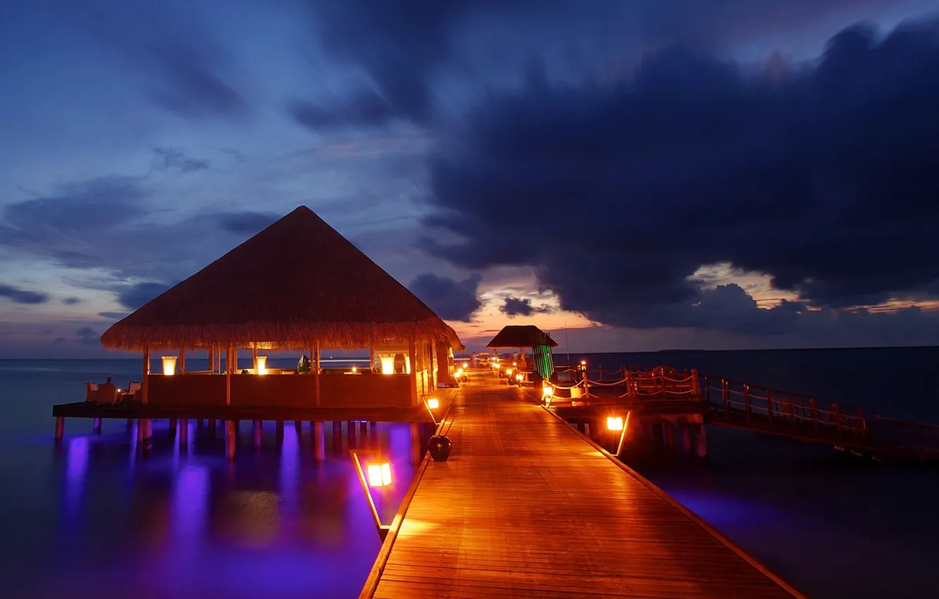 Photo wallpaper lights, night, Maldives, pier, lamps, tropical, resort