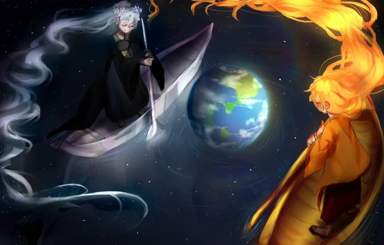 Photo wallpaper girl, the sun, space, river, earth, the moon, boat, fantasy