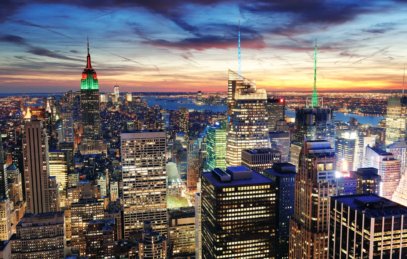 Photo wallpaper sunset, the city, lights, building, home, New York, skyscrapers, the evening