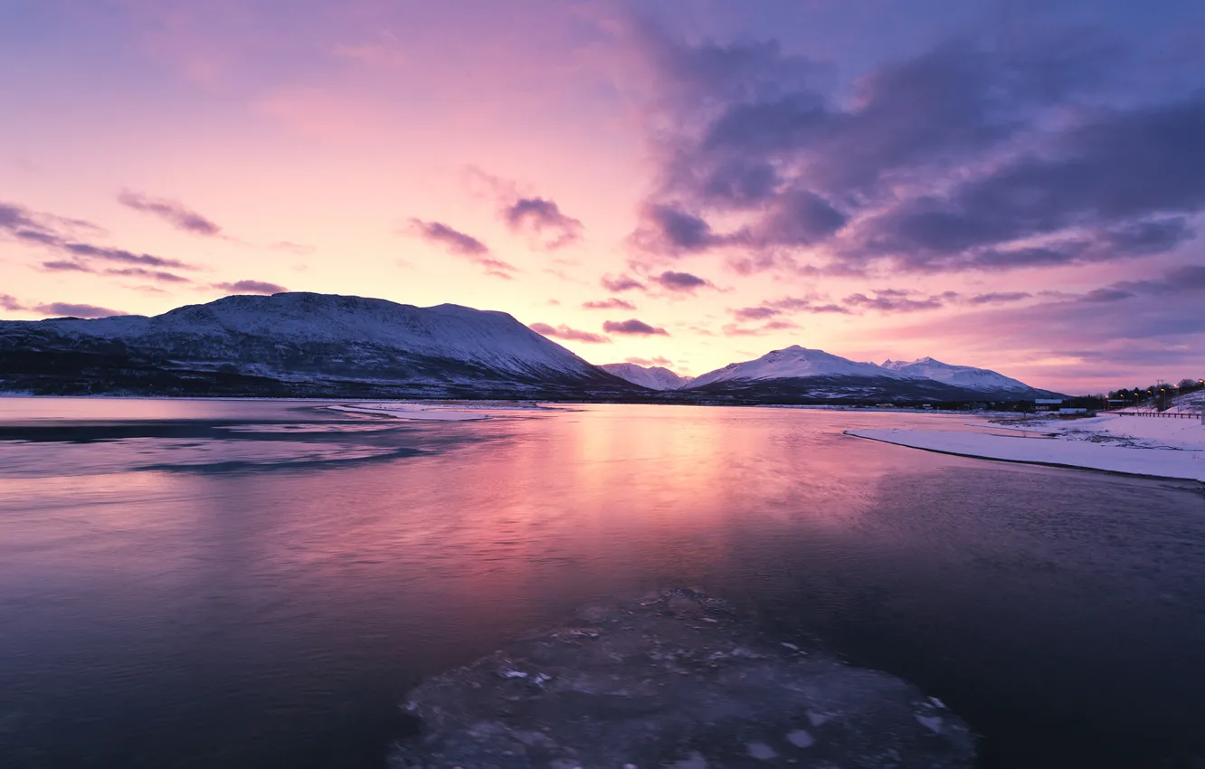 Photo wallpaper winter, sea, the sky, clouds, snow, sunset, mountains, shore