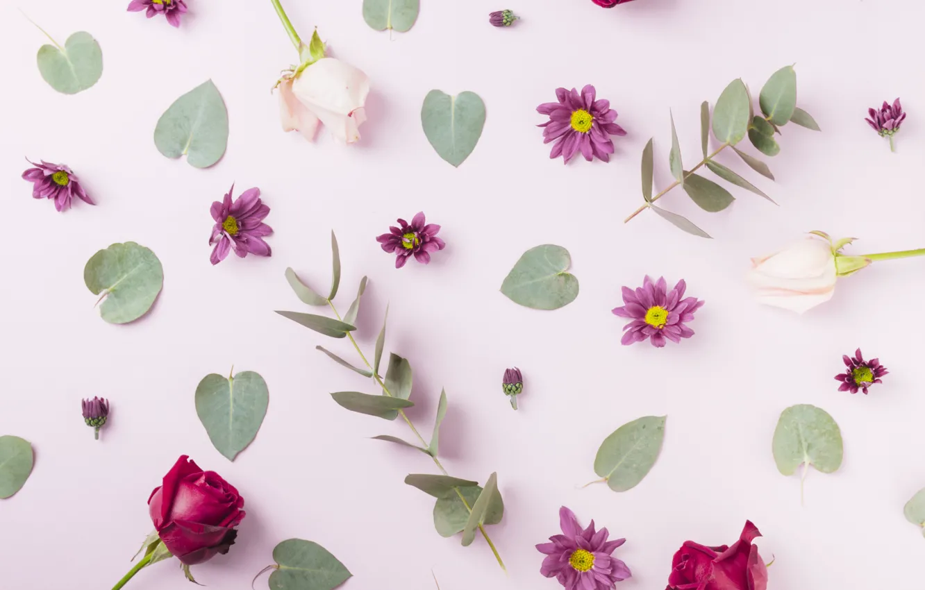 Photo wallpaper flowers, background, pink, leaves, decor