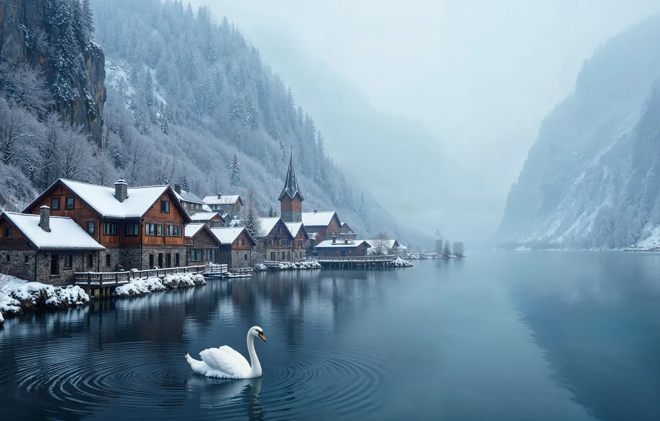 Photo wallpaper winter, snow, mountains, the city, lake, river, home, house