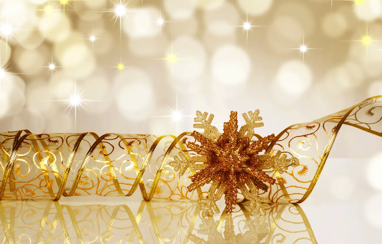 Photo wallpaper snowflakes, lights, gold ribbon