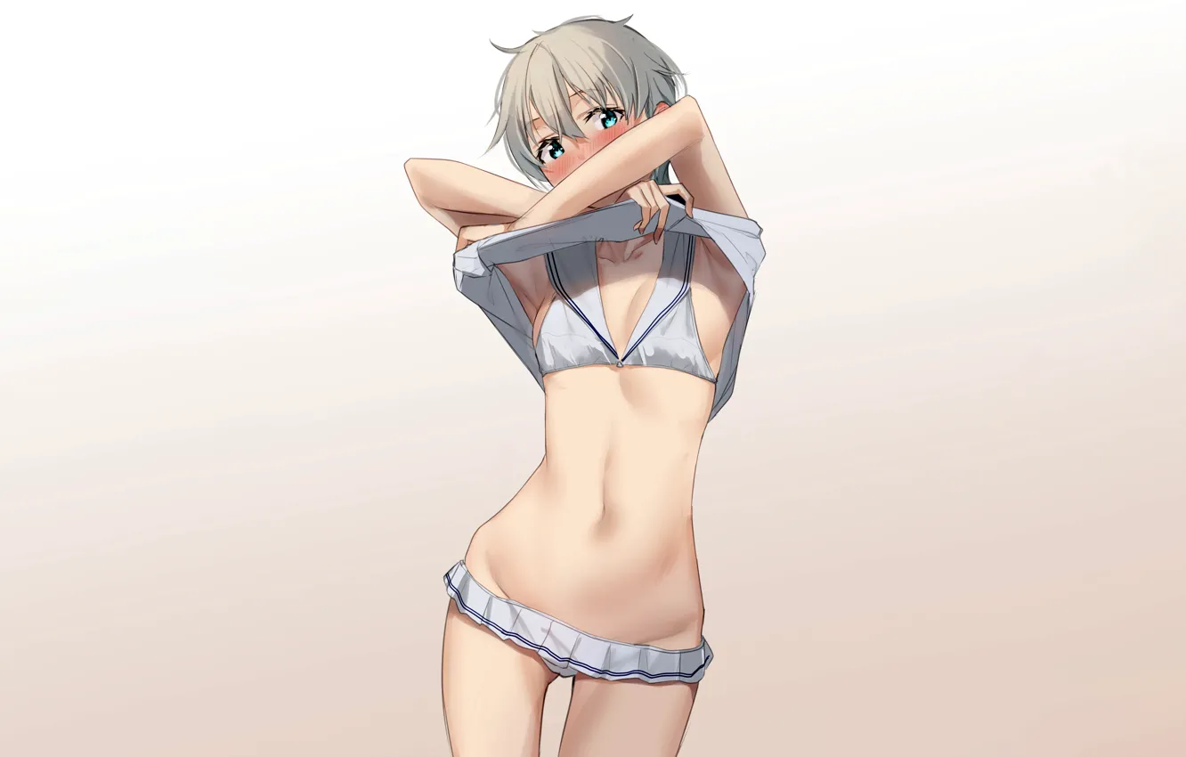 Photo wallpaper girl, sexy, cleavage, boobs, anime, blue eyes, beautiful, short hair