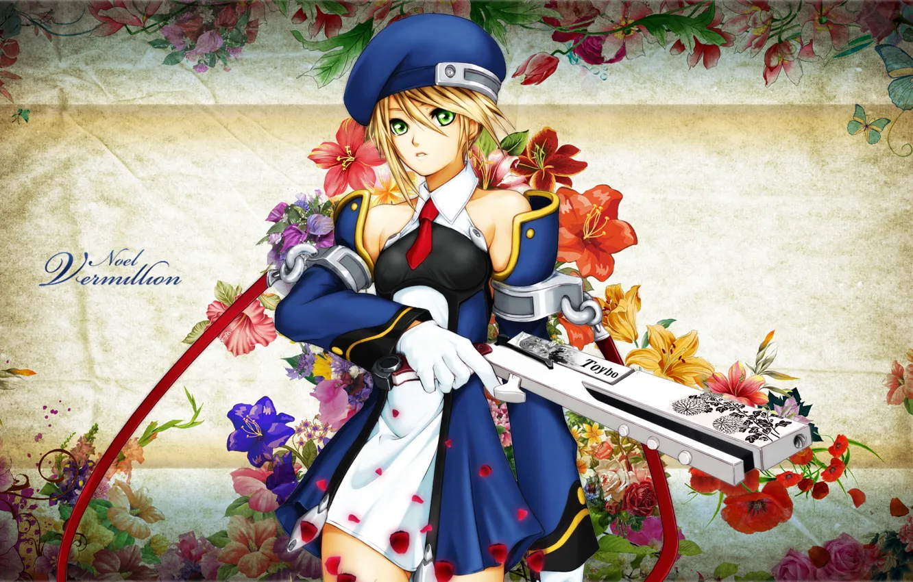 Photo wallpaper girl, flowers, weapons, background, pattern, petals, art, blazblue