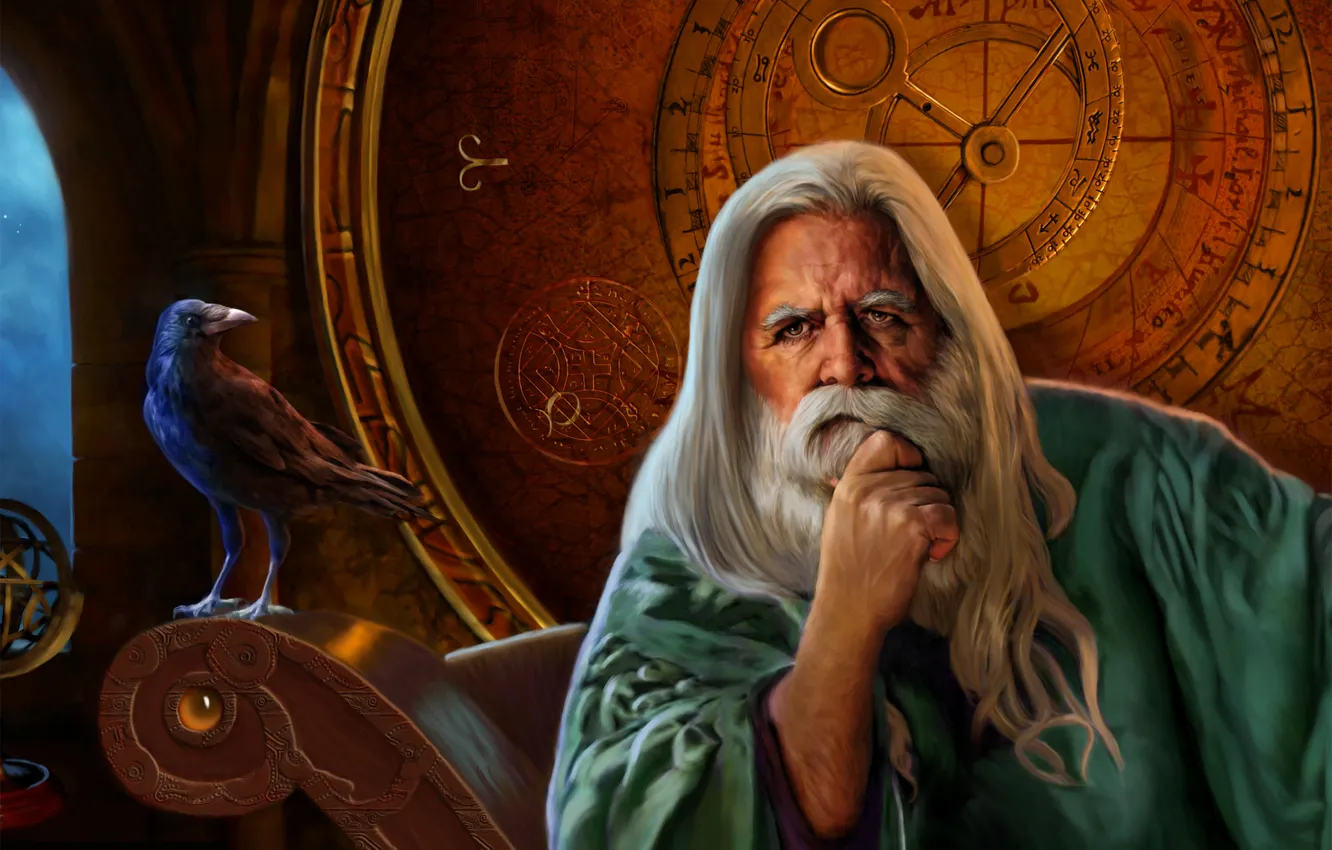 Photo wallpaper chair, art, MAG, the old man, beard, scientist, Myrddin