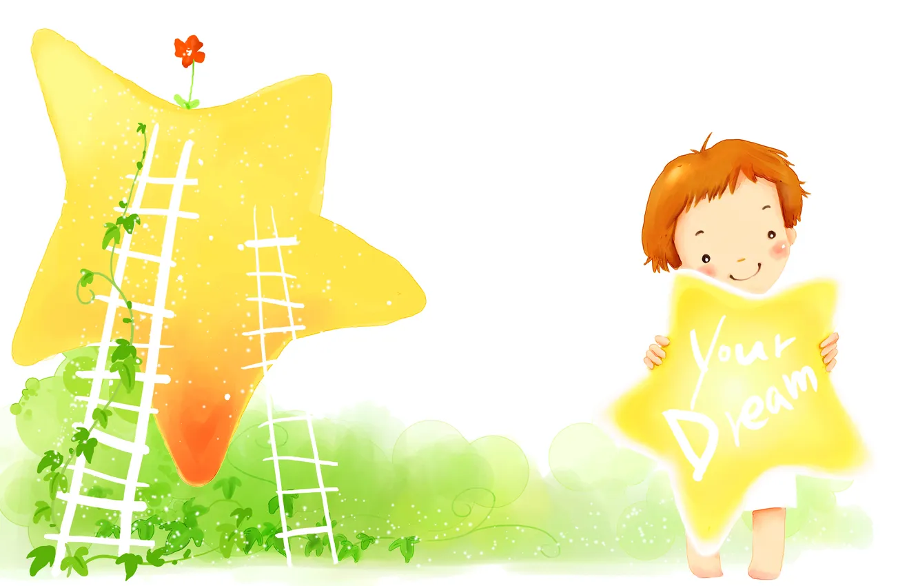 Photo wallpaper grass, stars, flowers, children, smile, ladder, red, baby Wallpaper