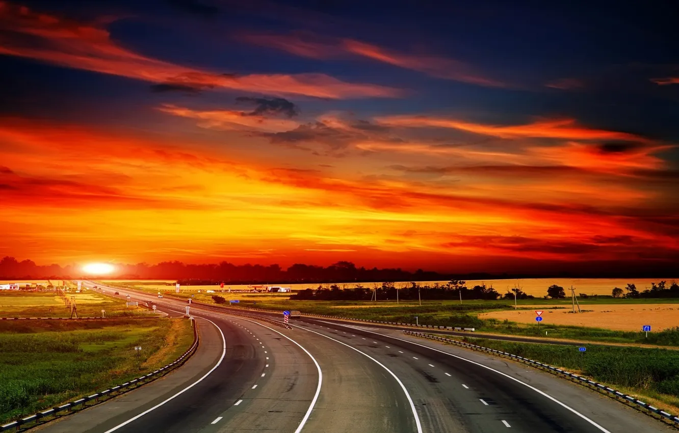 Photo wallpaper road, sunset, nature