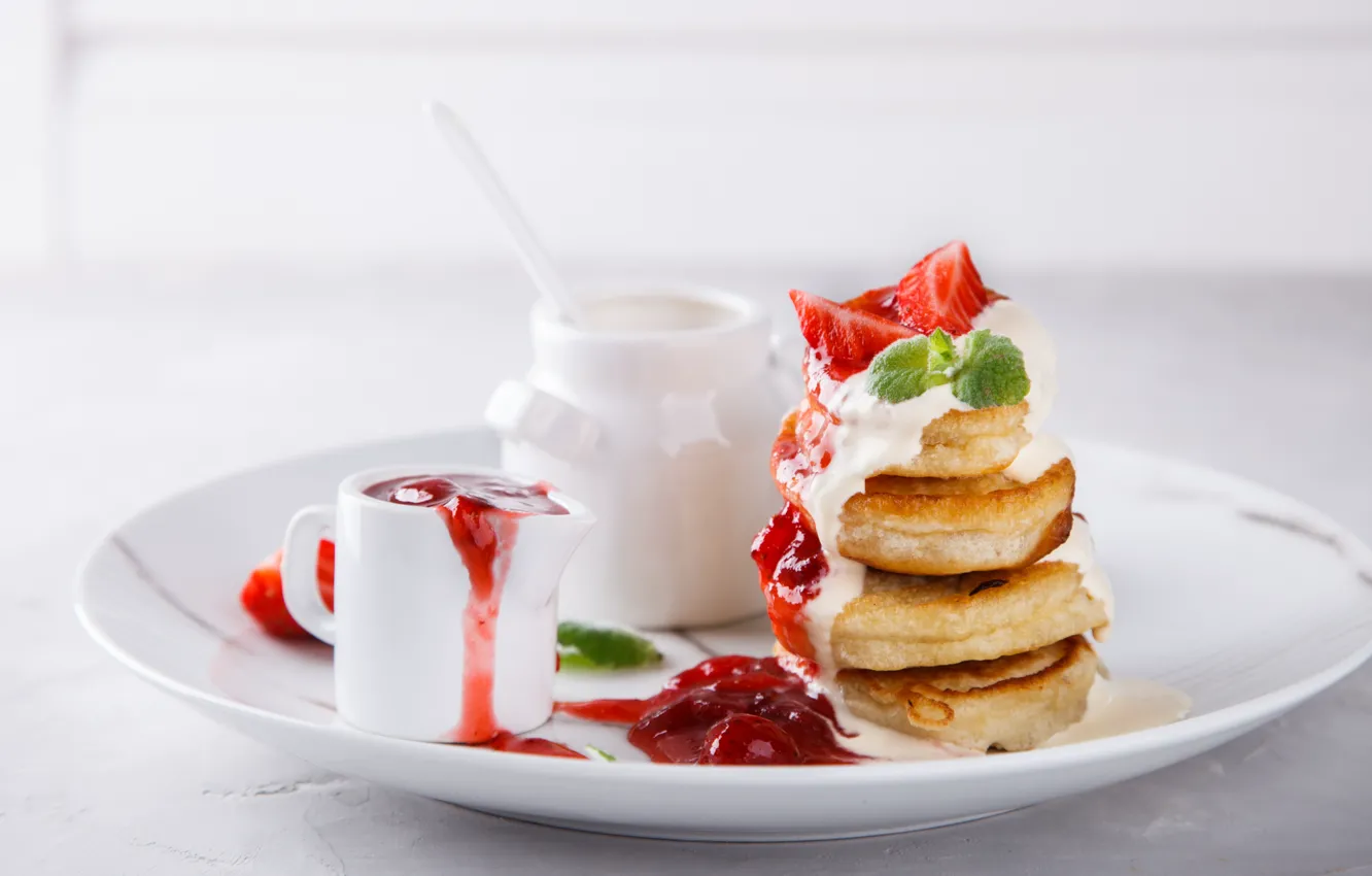 Photo wallpaper Breakfast, strawberry, jam, pancakes, sour cream, Stolyevych Yulia