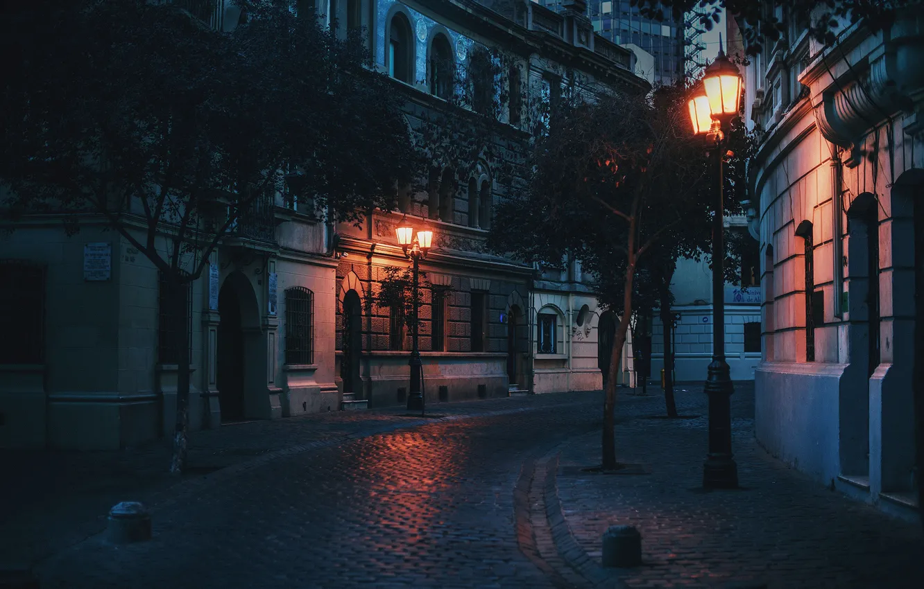 Photo wallpaper light, street, cityscape, lamp posts, urban scene