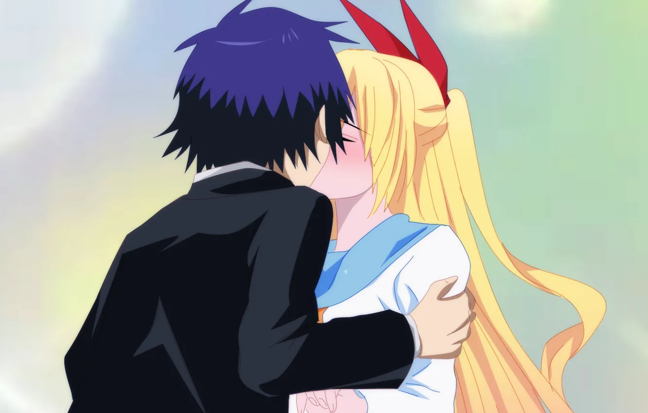 Photo wallpaper girl, romance, kiss, anime, art, guy, two, nisekoi
