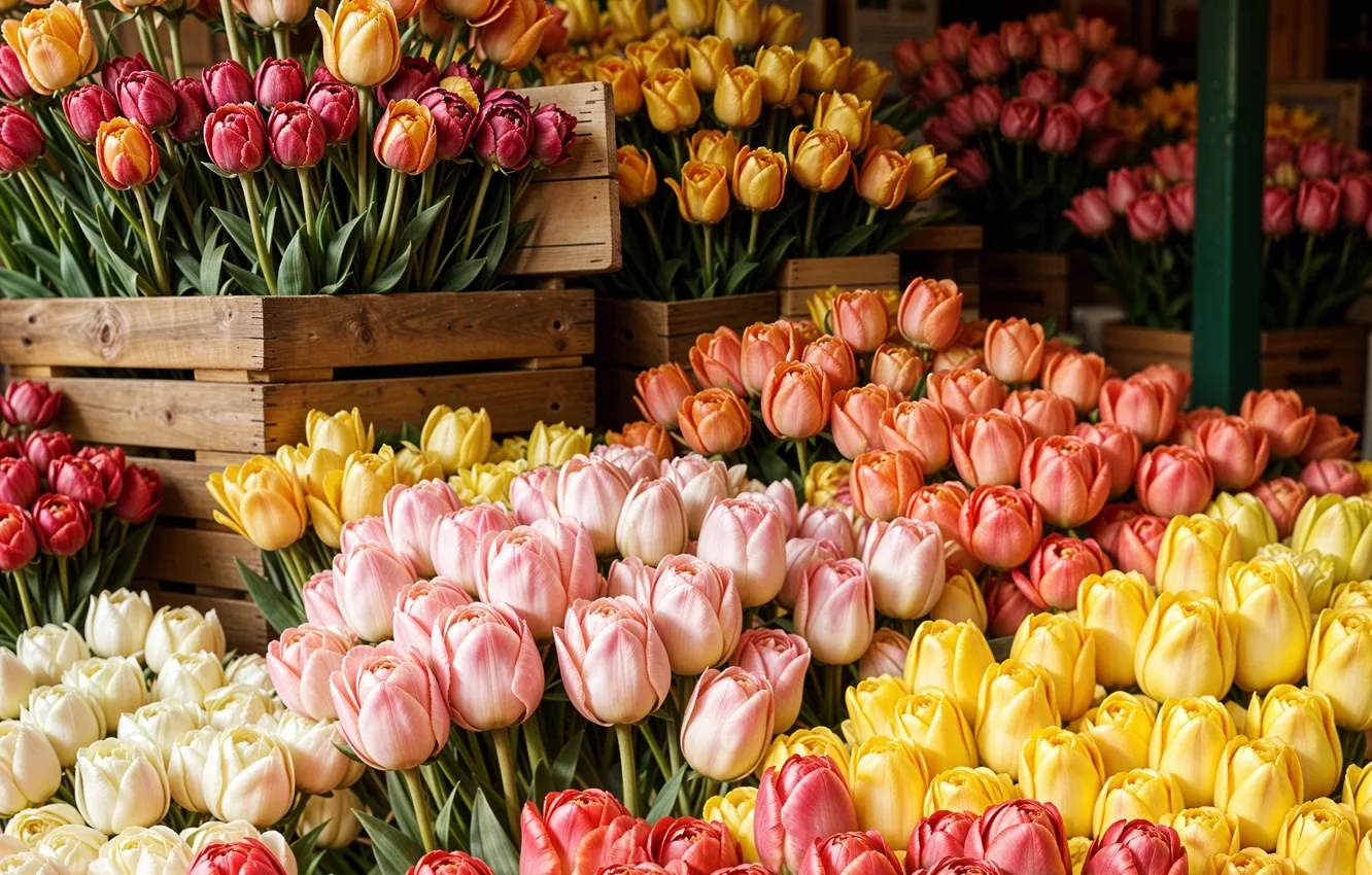 Photo wallpaper flowers, colorful, flowers, tulips, spring