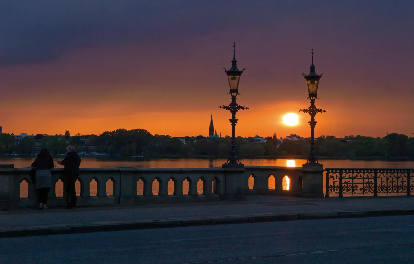 Photo wallpaper the sky, landscape, sunset, lake, Germany, lights, promenade, Hamburg