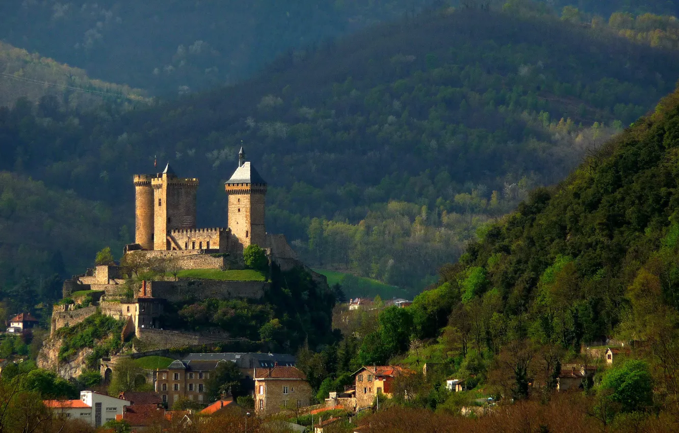 Photo wallpaper mountains, the city, France, fortress, France, Ariège, Castle of Foix