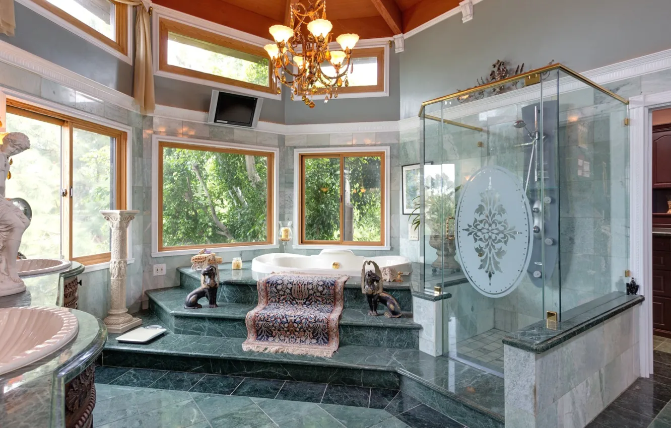 Photo wallpaper design, interior, window, chandelier, bathroom, plasma, jacuzi