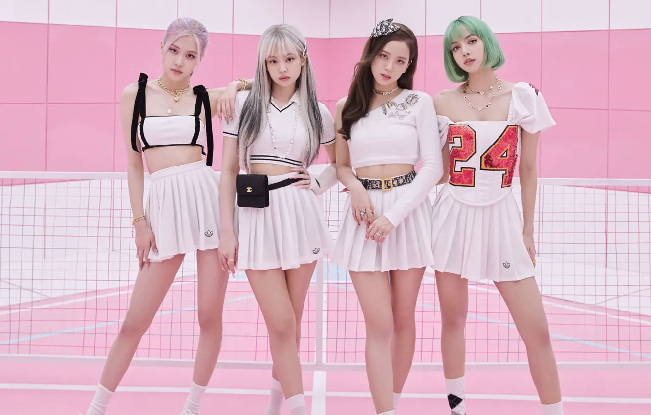 Photo wallpaper Rose, Lisa, Pink Background, Jenny, Jisoo, BlackPink