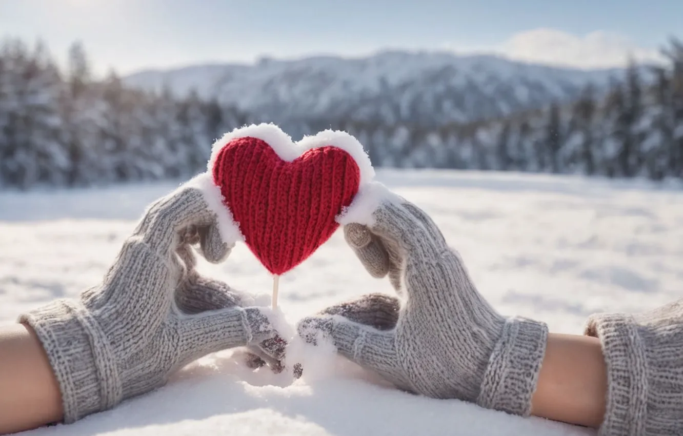 Photo wallpaper winter, snow, love, romance, heart, hands, love, Valentine's day