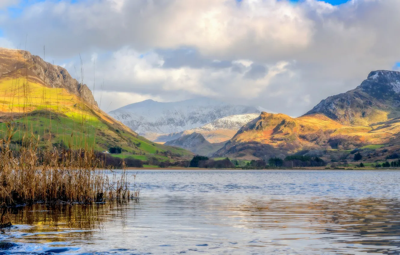Photo wallpaper Llyn Nantlle Uchaf, clouds, mountains, lake, Wales