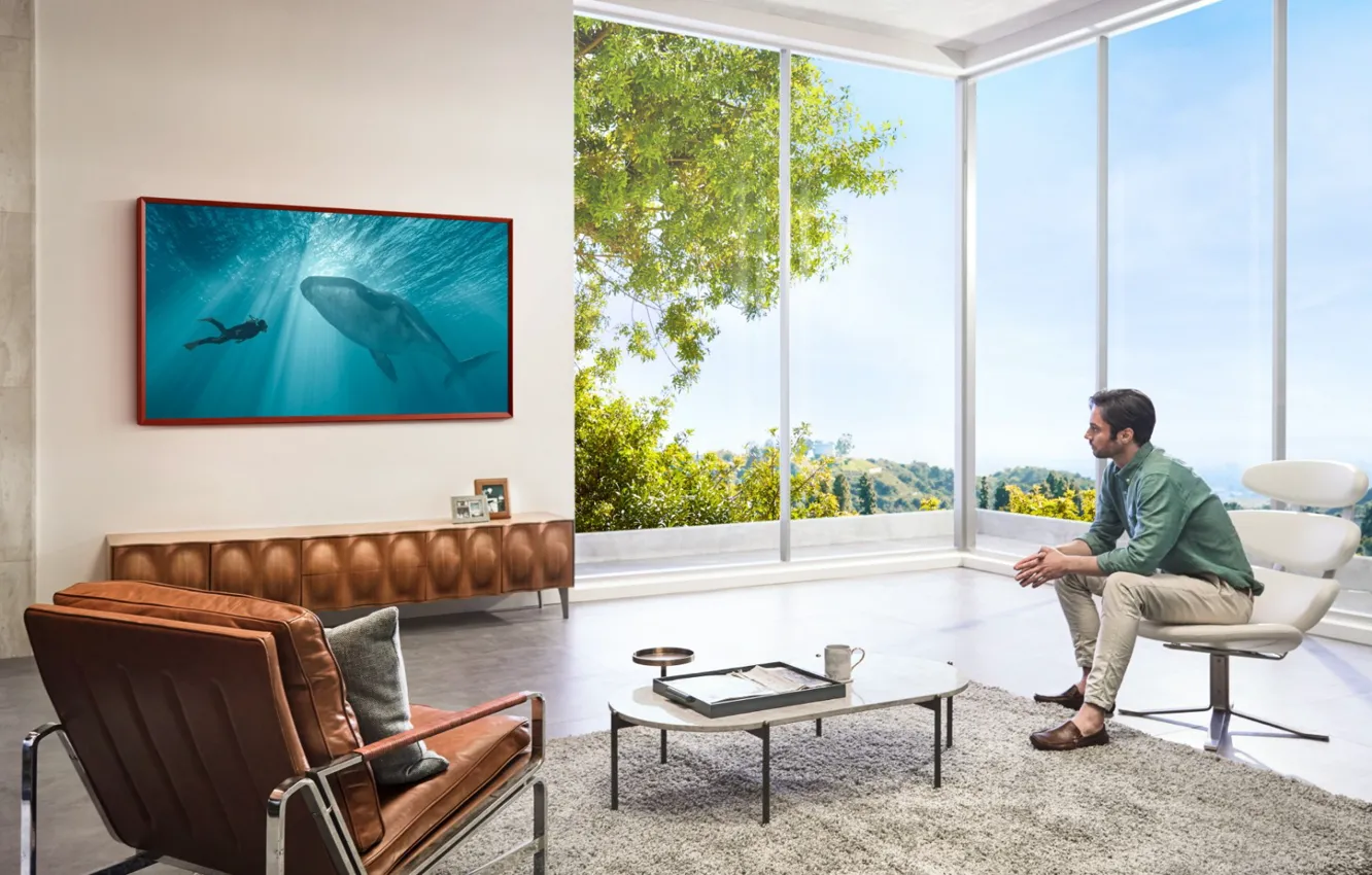 Photo wallpaper look, table, TV, window, male