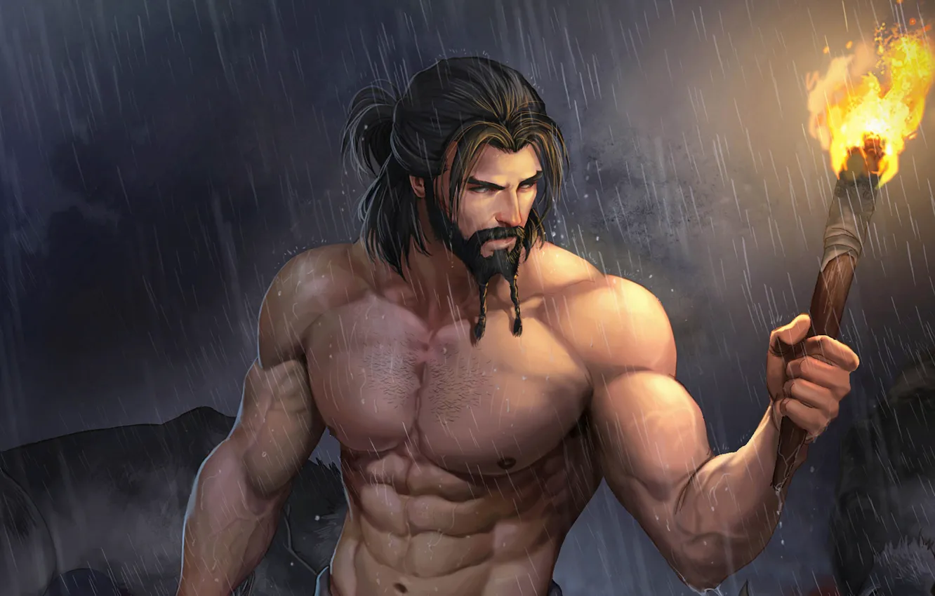 Photo wallpaper rain, man, torch, beard