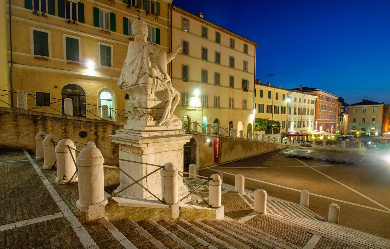 Photo wallpaper night, lights, home, Italy, statue, Ancona, Piazza del Plebiscito