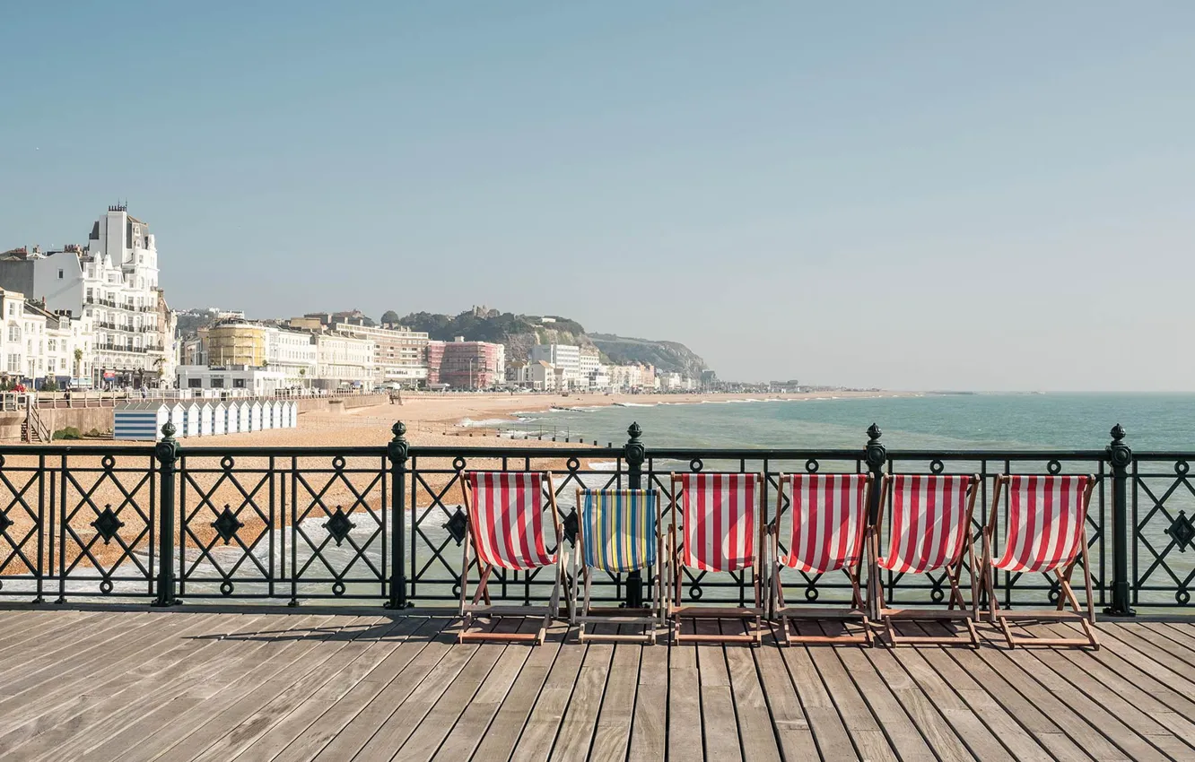 Photo wallpaper England, sun loungers, Sussex, pier Hastings
