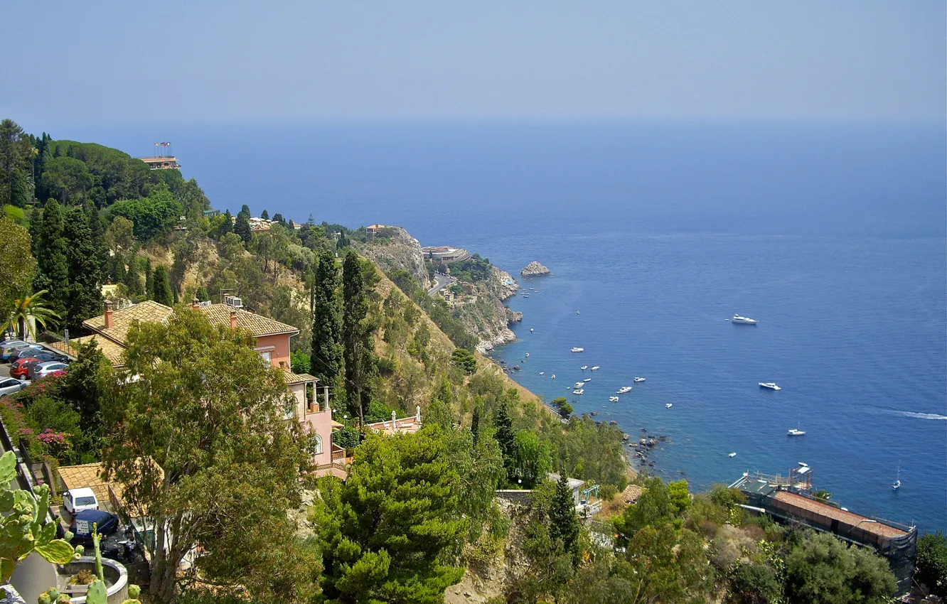 Photo wallpaper sea, mountains, rocks, Villa, home, slope, Italy, Sicily