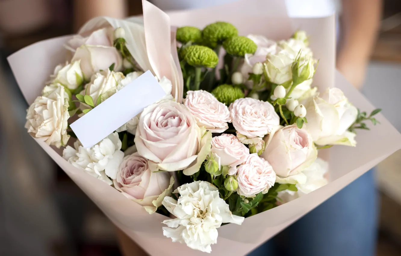 Photo wallpaper flowers, roses, bouquet, note, cream, pink, white