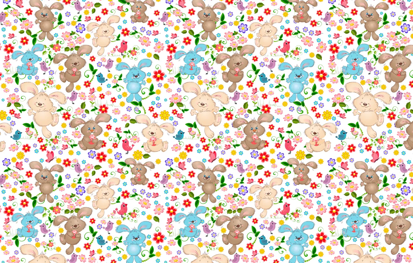 Photo wallpaper flowers, birds, pattern, eggs, Easter, rabbits