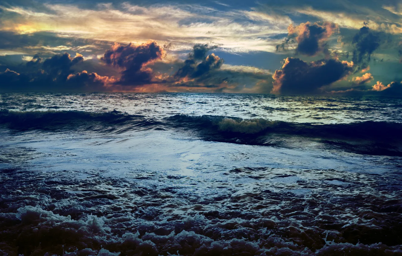Photo wallpaper sea, wave, clouds, sunset