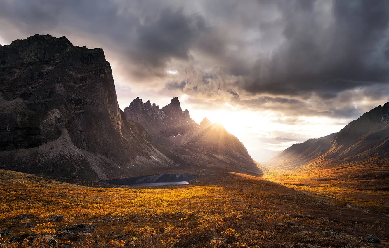 Photo wallpaper autumn, sunset, mountains, clouds, rocks, Yukon