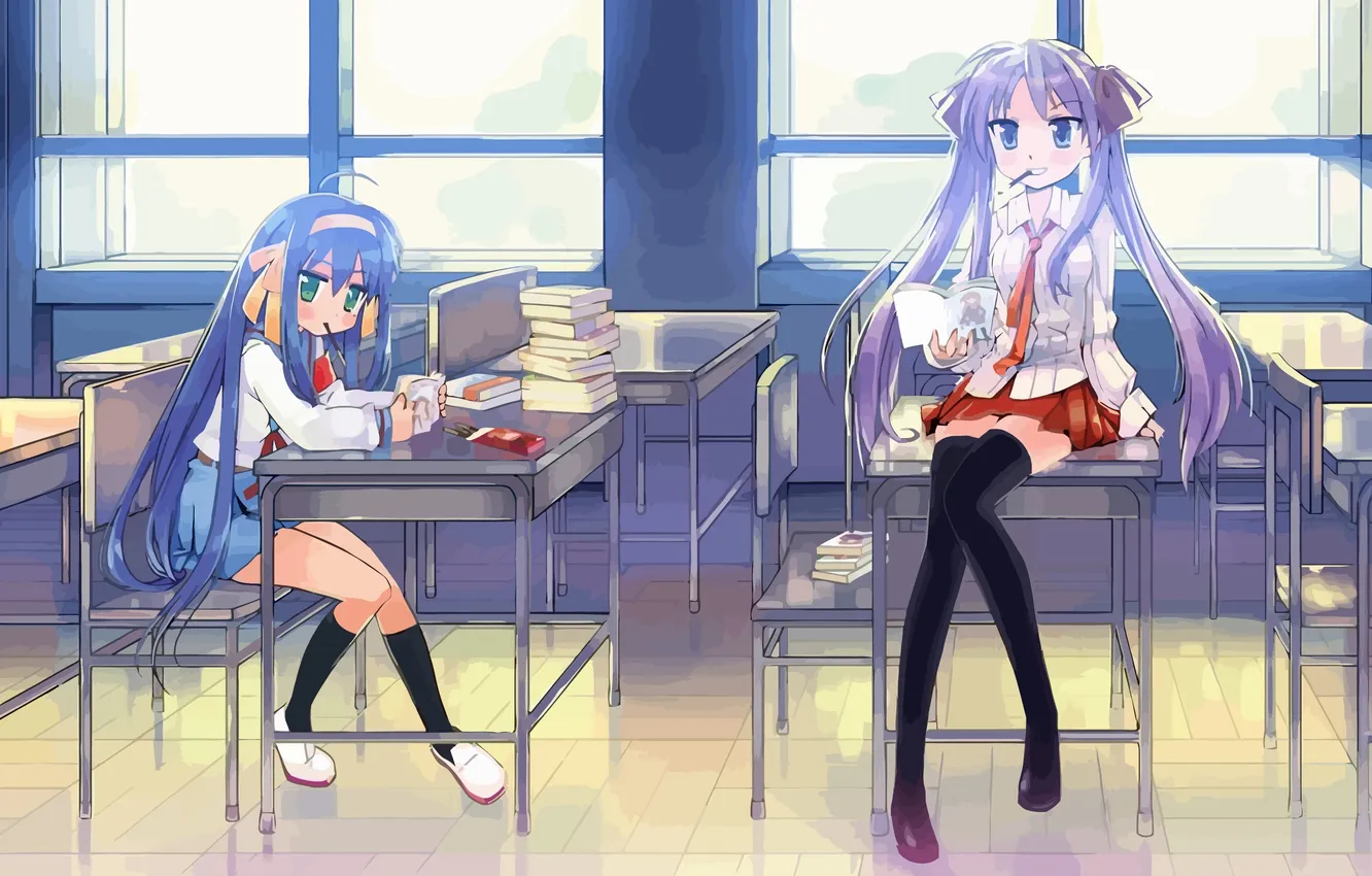 Photo wallpaper girl, anime, art, book, form, schoolgirl, suzumiya haruhi no yuutsu, desks