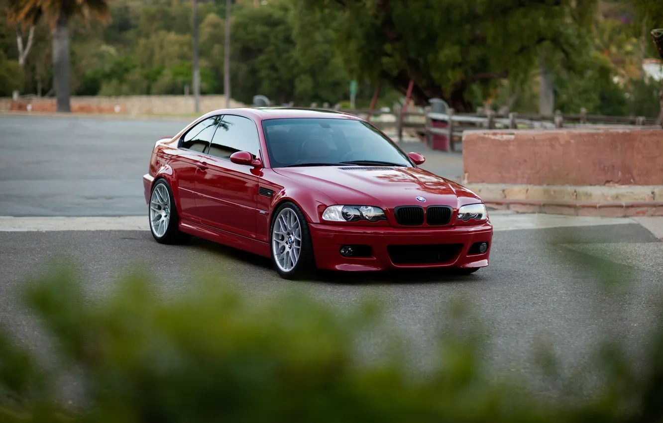 Photo wallpaper trees, red, bmw, BMW, the fence, red, e46