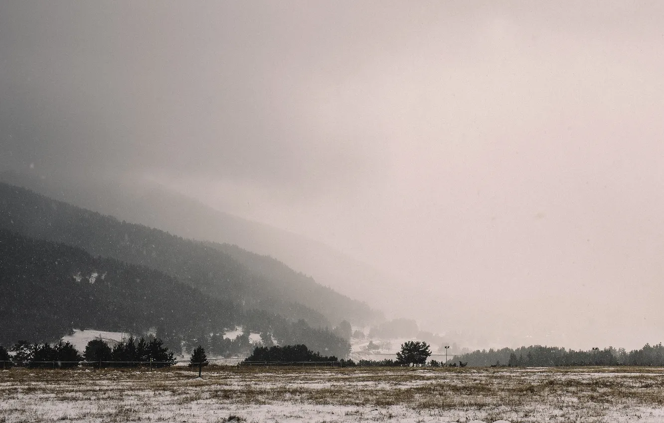 Photo wallpaper winter, road, field, snow, mountains
