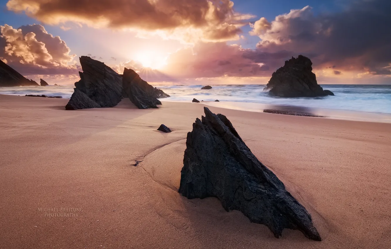 Photo wallpaper sand, sea, stones, shore, morning, Portugal, Michael Breitung, Sintra