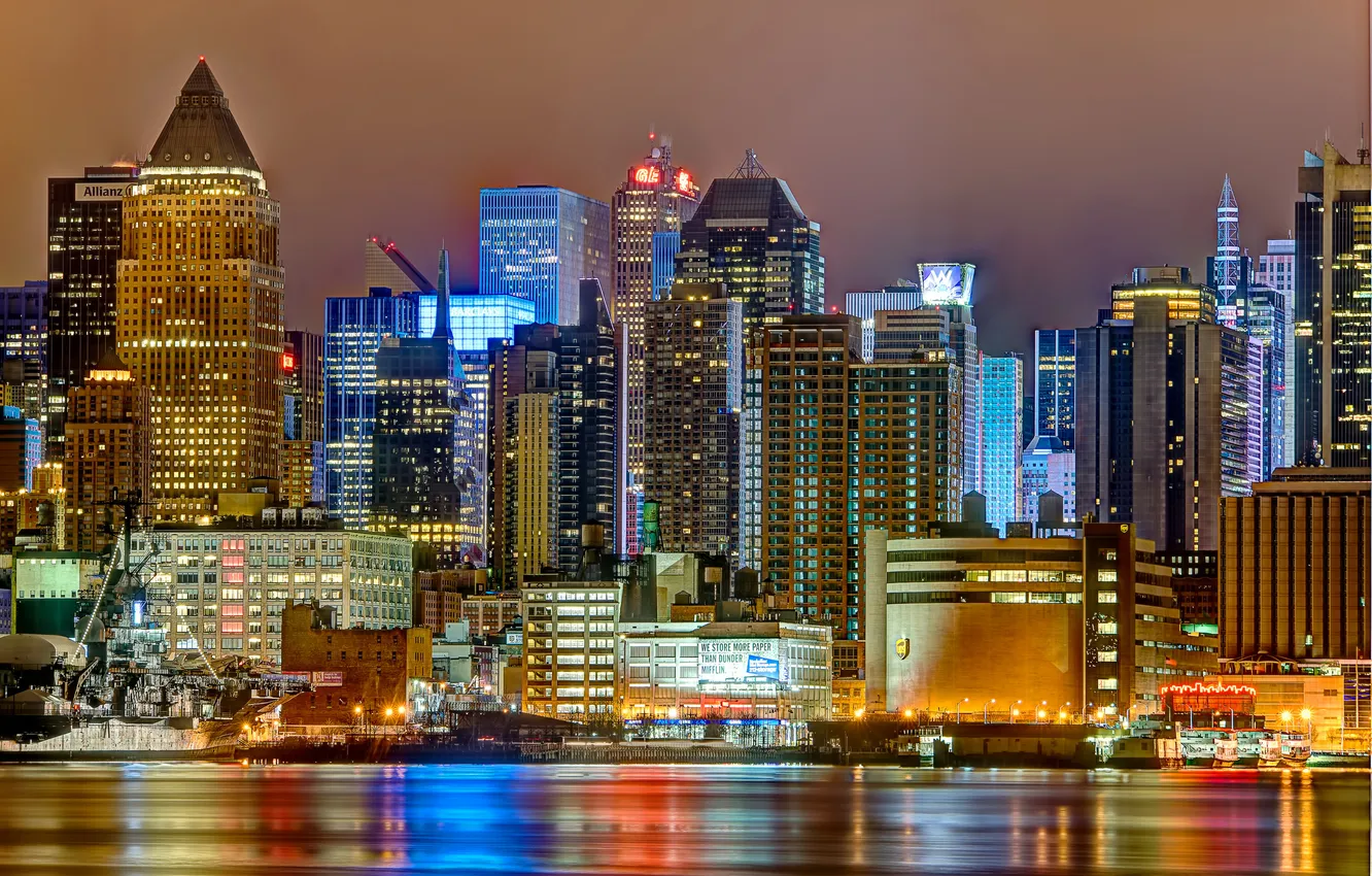 Photo wallpaper water, light, night, the city, lights, glare, reflection, river