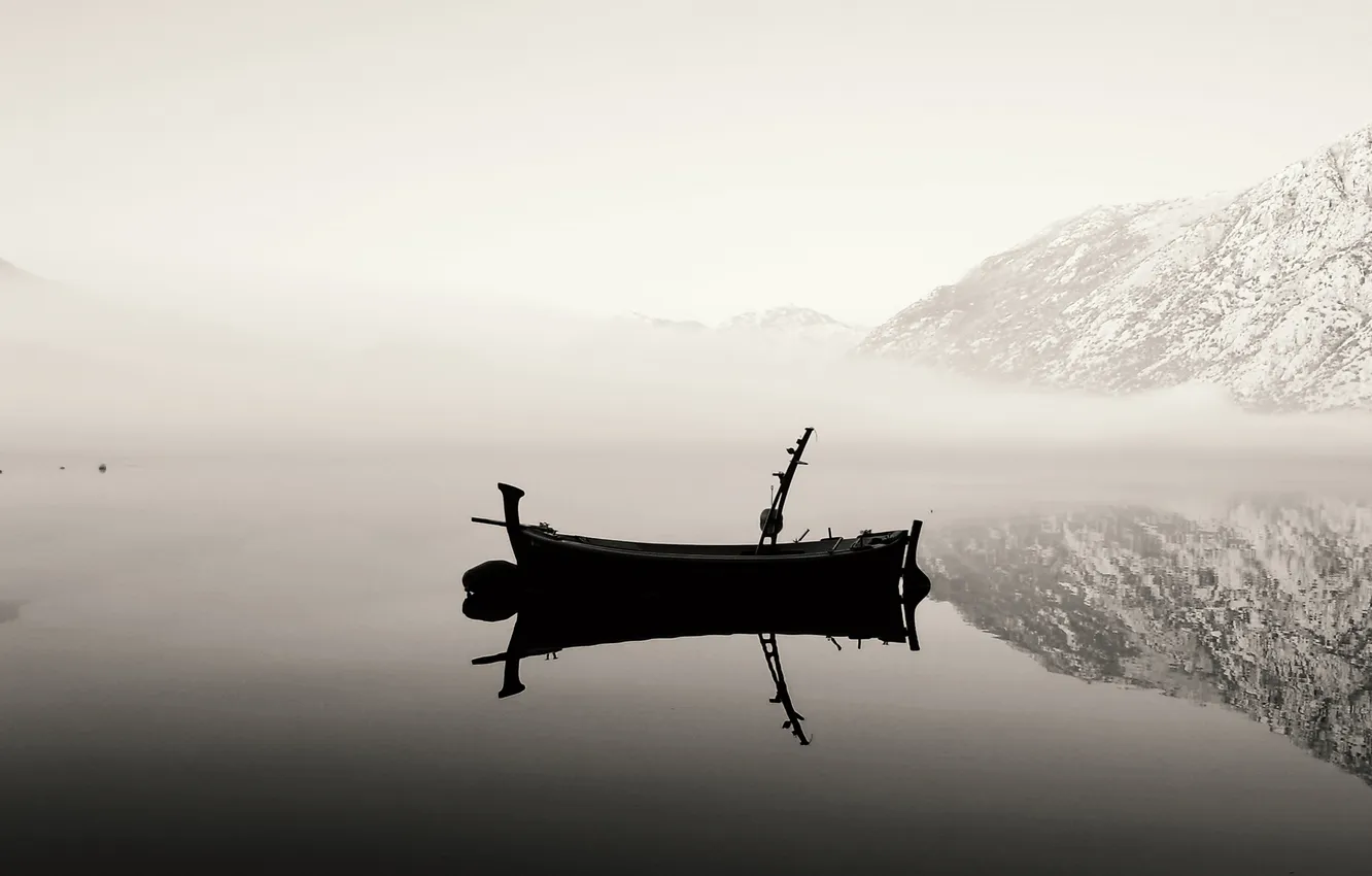 Photo wallpaper water, snow, landscape, mountains, nature, fog, lake, reflection