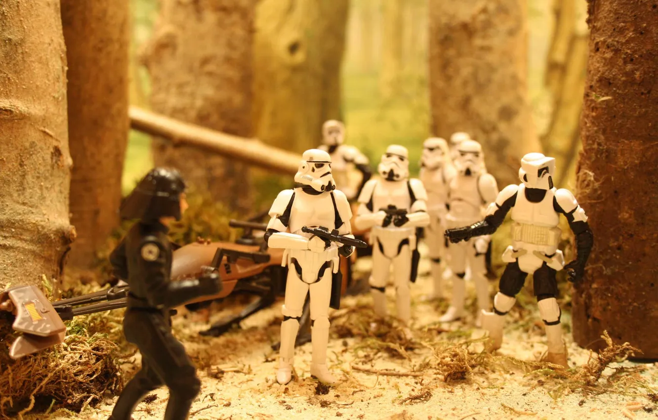 Photo wallpaper forest, fight, Star Wars, Stormtroopers, blaster, Speeder, Endor, Death Star Trooper