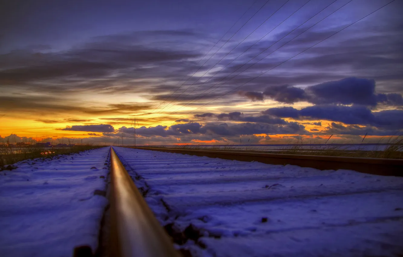 Photo wallpaper landscape, sunset, railroad