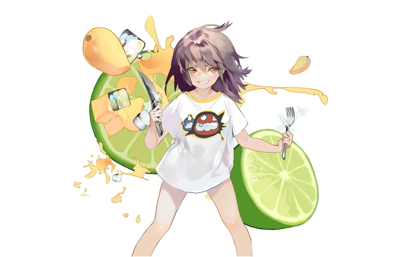 Photo wallpaper knife, girl, white background, lime, citrus, plug