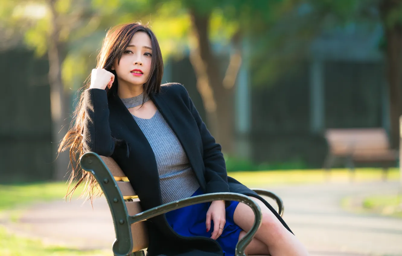 Photo wallpaper girl, hair, Asian, coat, bench
