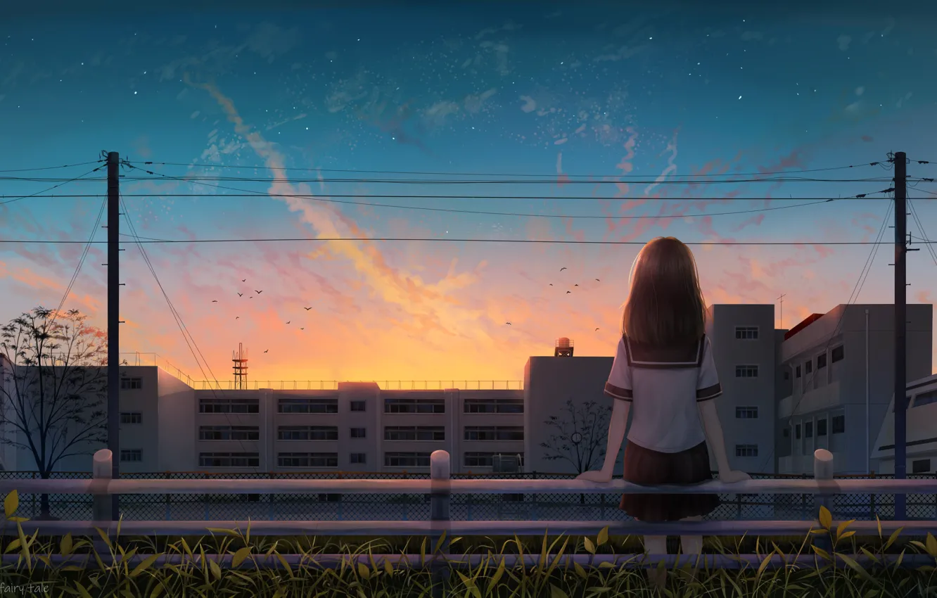 Photo wallpaper girl, sunset, the city, the fence, schoolgirl