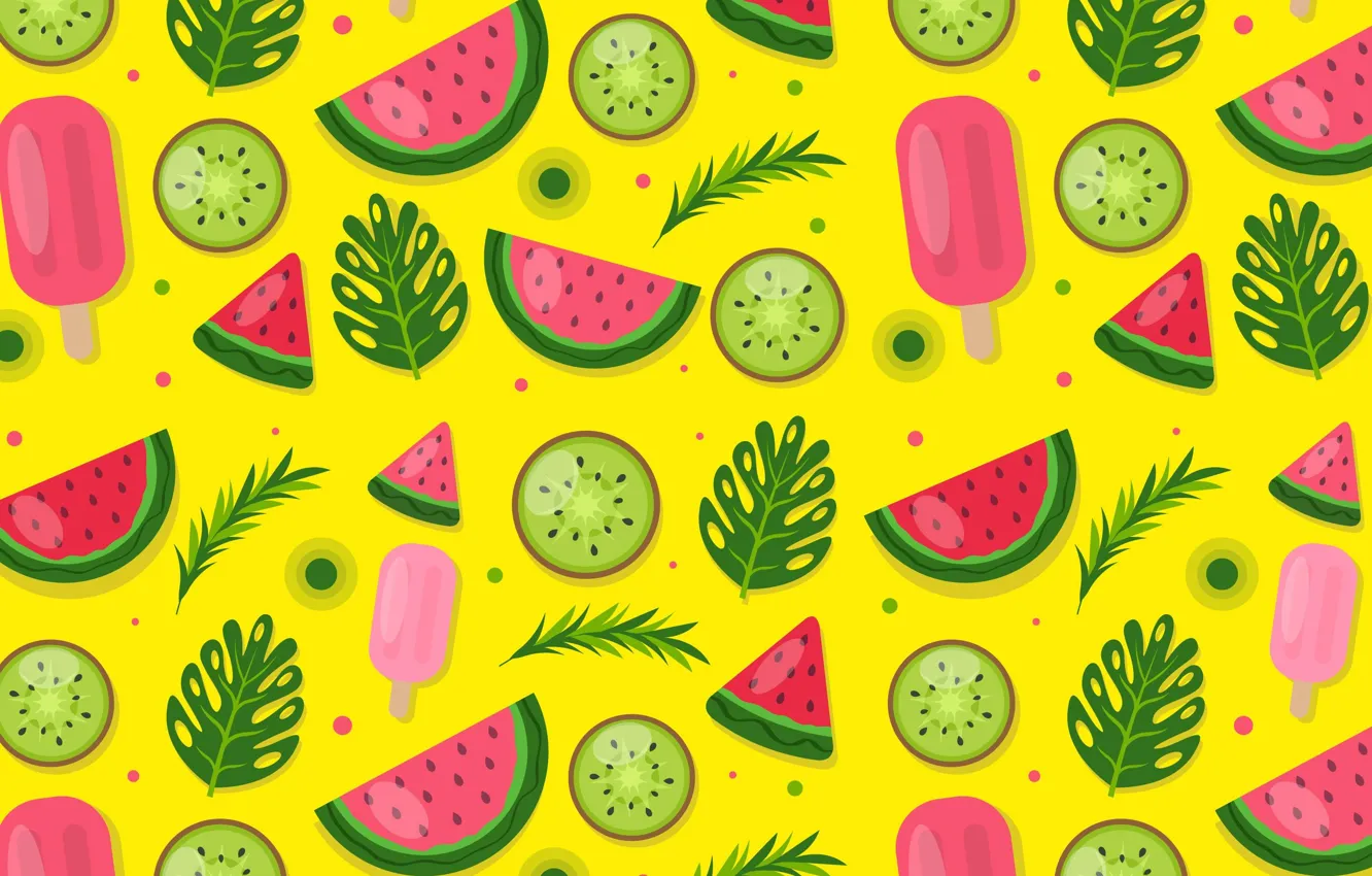 Photo wallpaper leaves, sprig, texture, kiwi, pattern, ice cream, fruit, circles