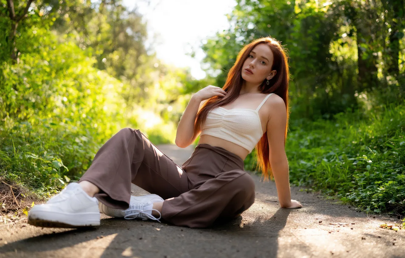 Photo wallpaper girl, young, beautiful, sweet, pants, sneakers, tank top