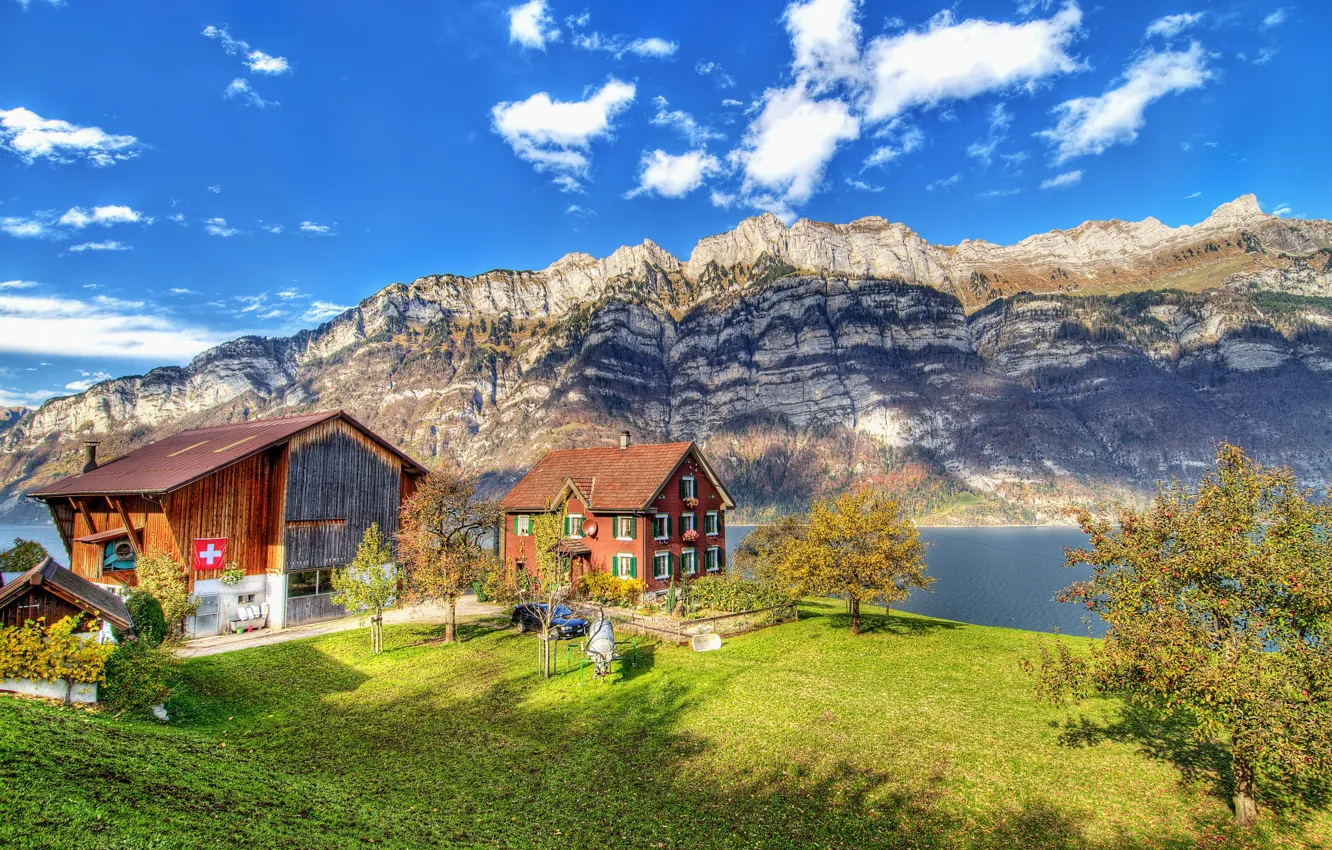 Photo wallpaper mountains, river, hdr, Switzerland, Switzerland, the cabin in the mountains, ultra hd, Runner mountain