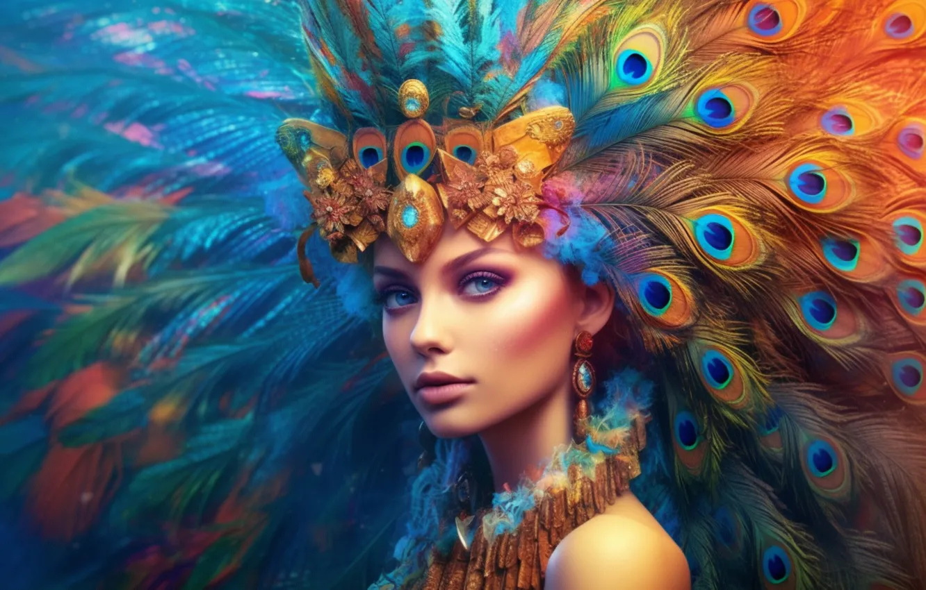 Photo wallpaper look, girl, decoration, face, style, fantasy, bird, portrait