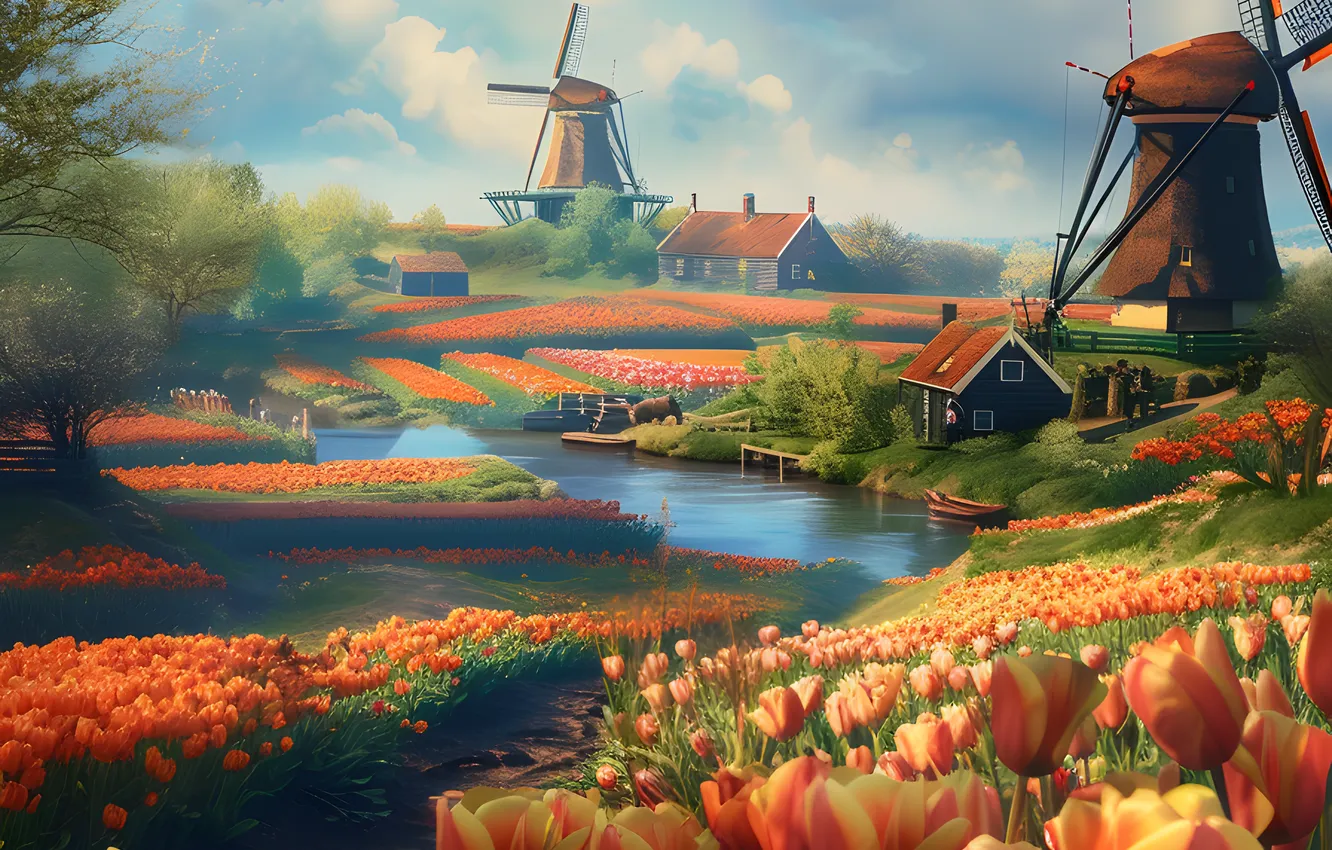 Photo wallpaper field, flowers, fog, river, shore, spring, village, channel