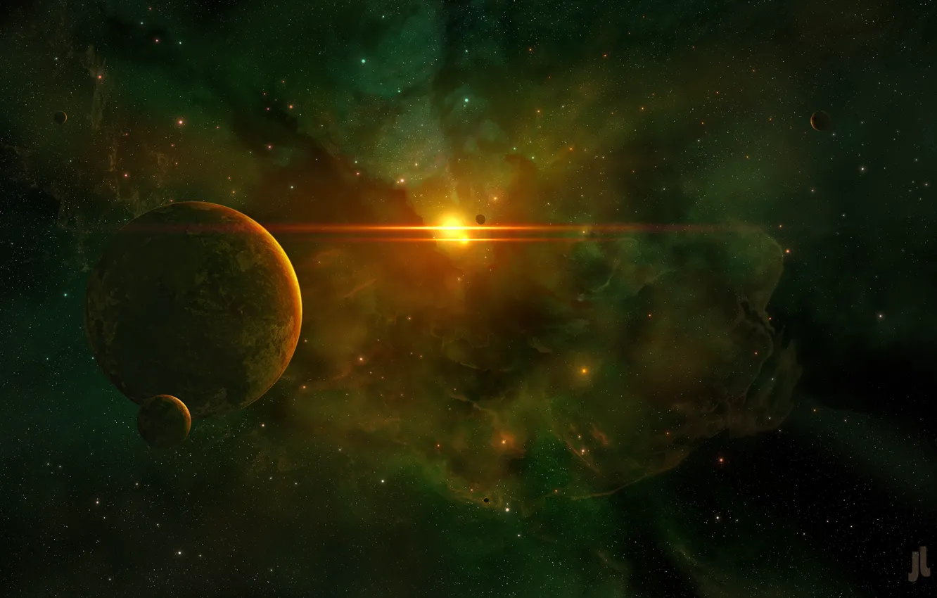 Photo wallpaper the sun, space, stars, nebula, fiction, planet, satellite, art