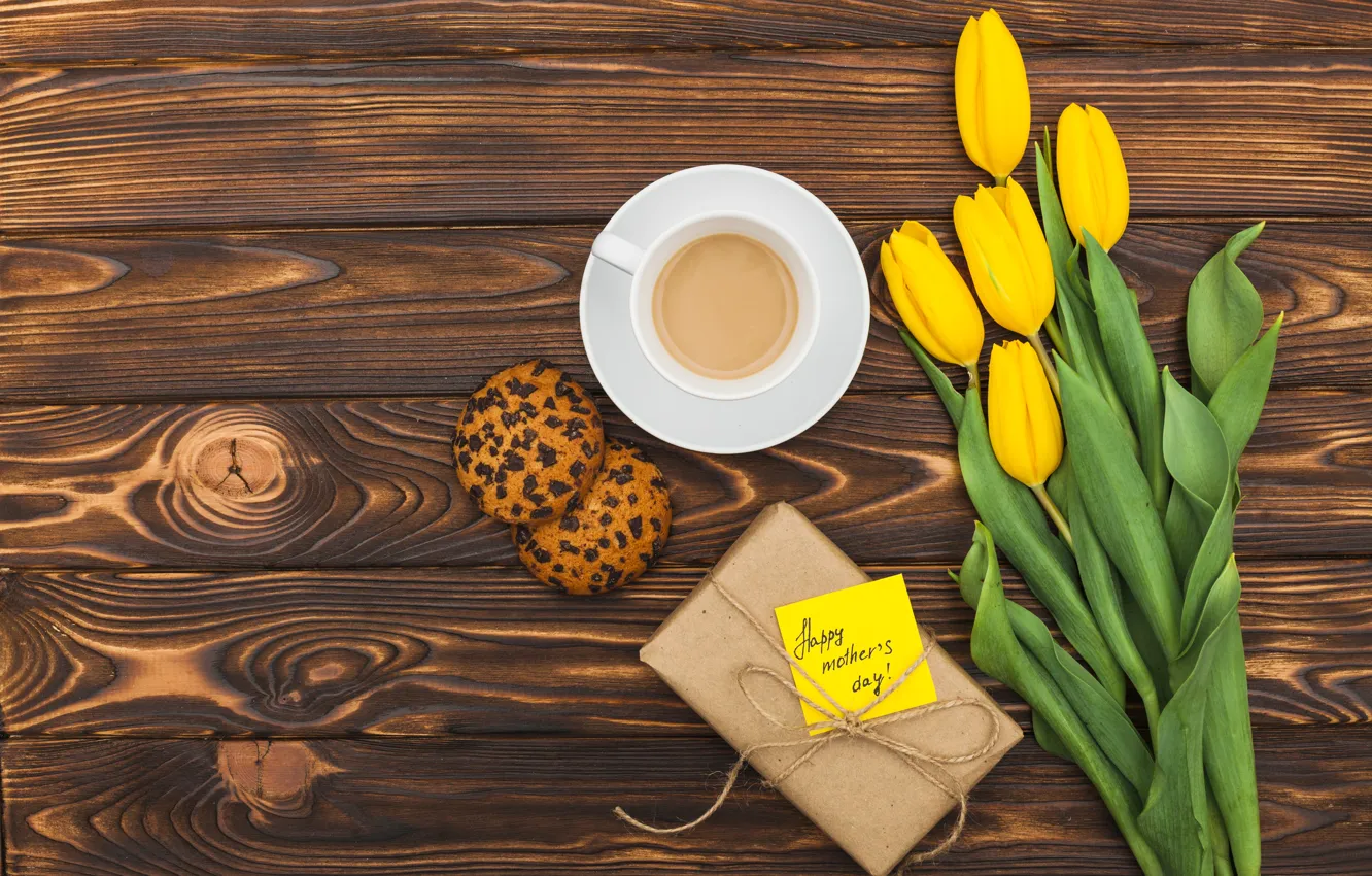 Photo wallpaper gift, coffee, bouquet, spring, the celebration, happy, Mother's day